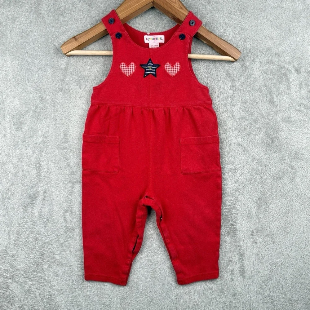 Gymboree Overalls Baby Girl Small 12-24 Month Red Embroidered Heart 90s FLAW